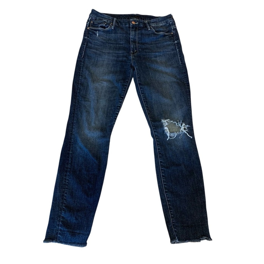 MOTHER High Waisted Looker Ankle Fray Women 29 Blue Distressed Skinny Raw Hem